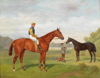 Arulo and Komamasszony, two victorious race horses from the estate of Baron Hermann von Konigswarter with jockey Robert Adams by Emil Adam